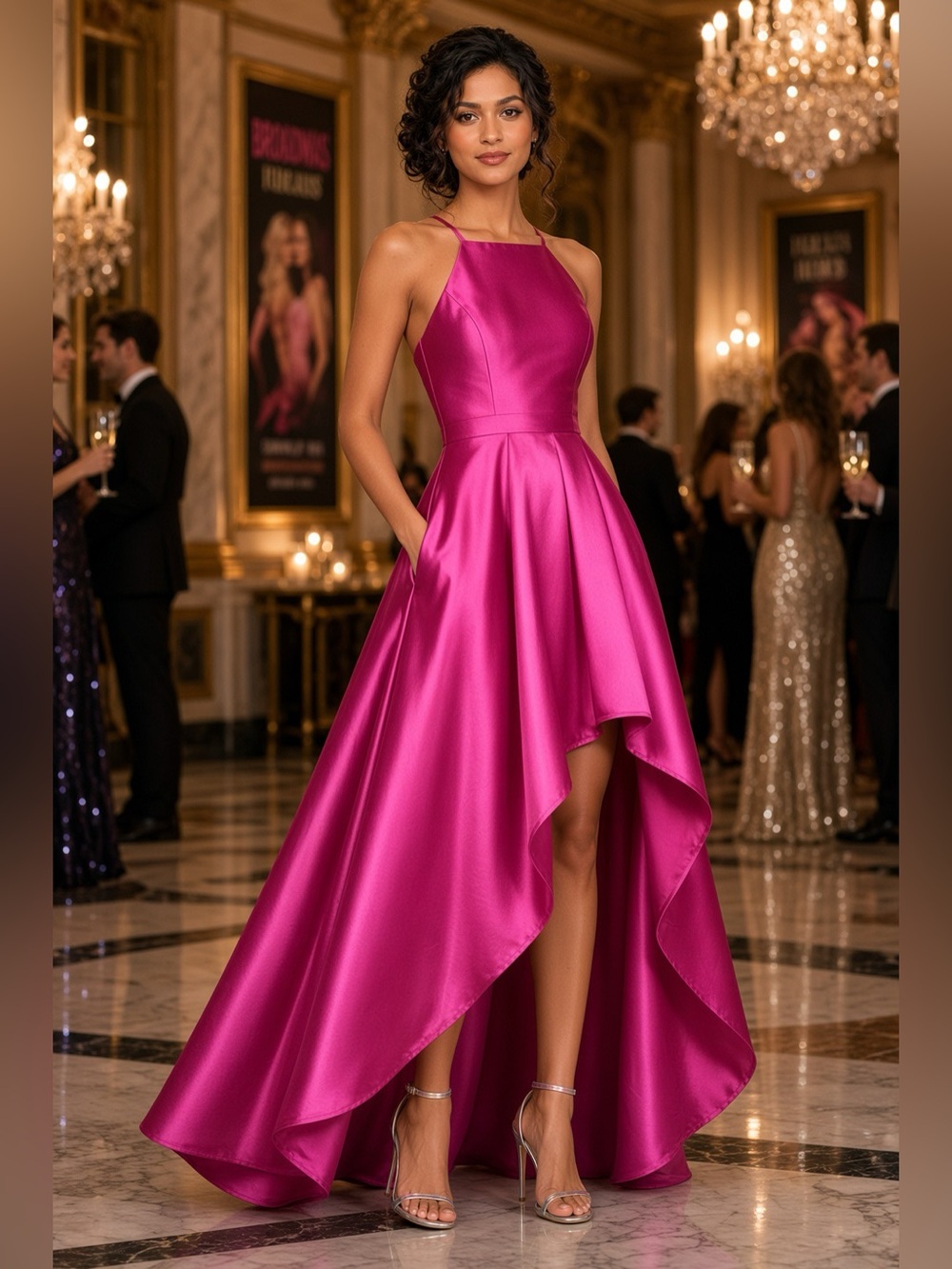 Lulu's Fuchsia Satin Halter High-Low Evening Gown NWT S & XXL